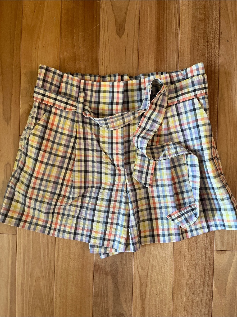 LOFT Plaid High-Waist Tie-Belt Shorts in Yellow, Navy, Coral, Cream